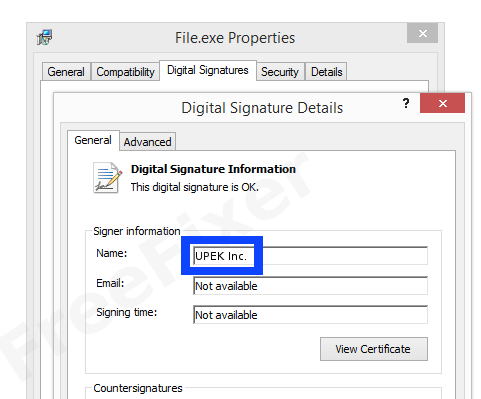 Screenshot of the UPEK Inc. certificate
